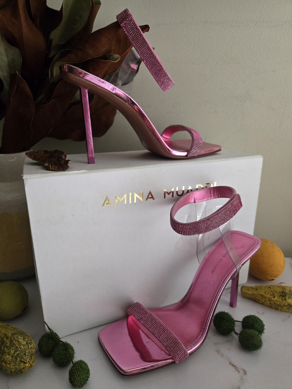 GUC Amina Muaddi Pink Mirror Rih Heel Sandals Women Womens Size 38 IT 7.5-8 US - Picture 5 of 16